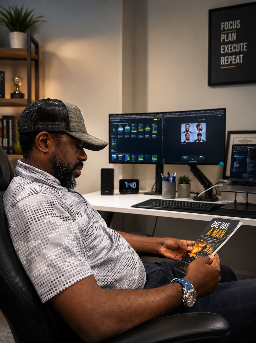 Reader with One Day, A Man at workspace desk